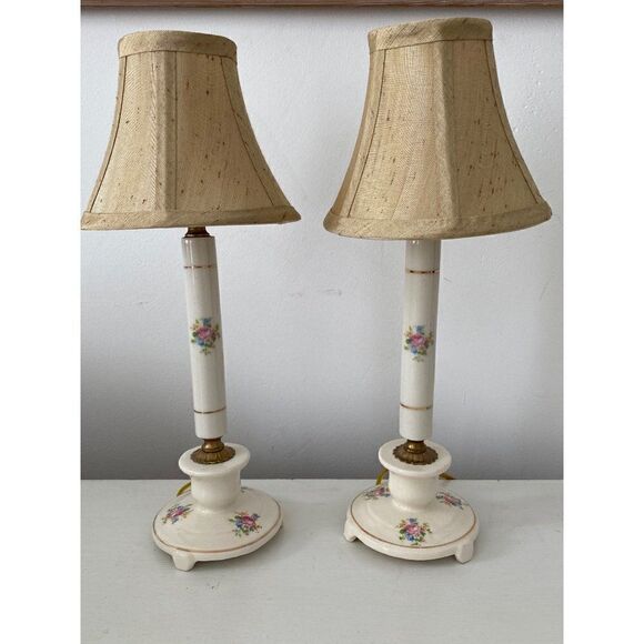 LOT of 2 Miniature Vanity Lamps Vintage Porcelan with Brass Accent - Picture 1 of 5